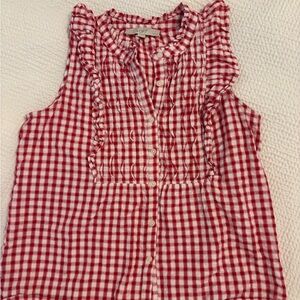 LOFT Red and White Checkered Ruffle Blouse